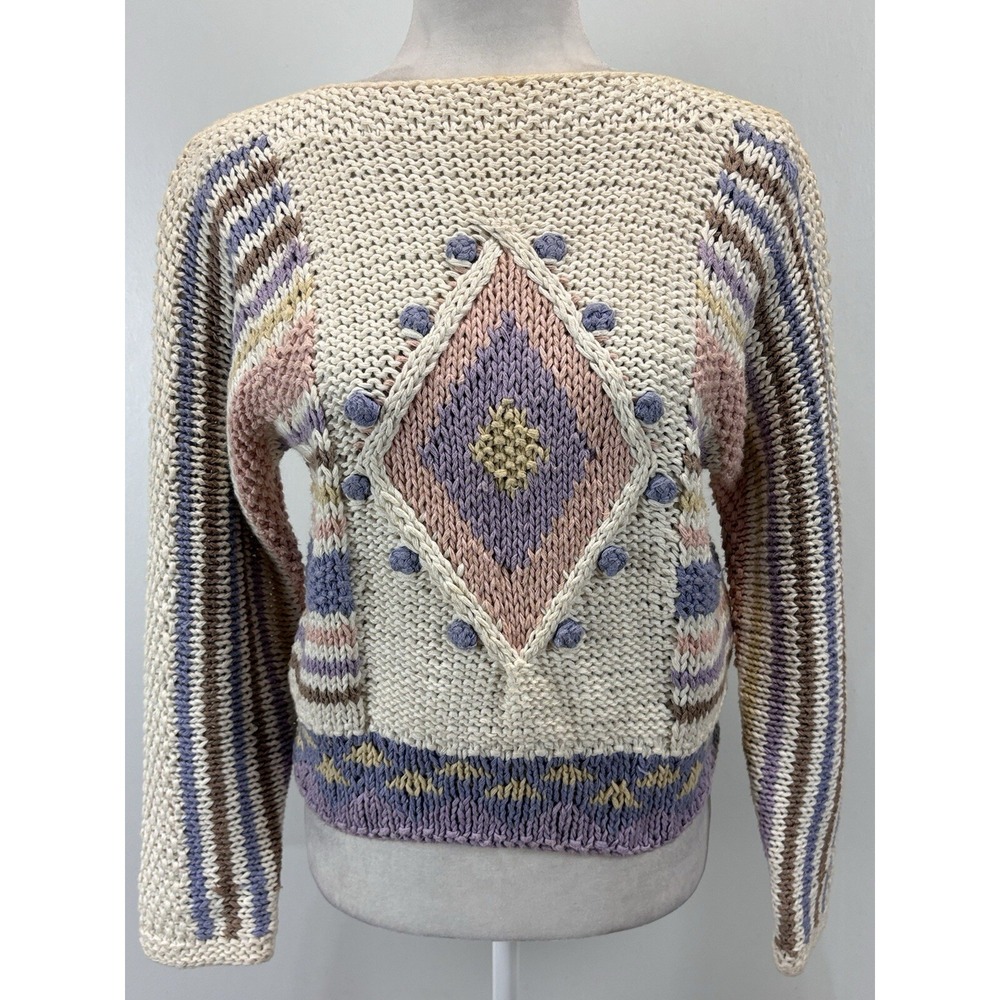 Vtg Jennifer Reed Hand Knit Sweater Sz Small Women's Geometric Boat Neck 90's